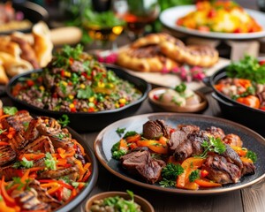 Fototapeta premium Ethnic cuisine with diverse dishes, vibrant and inviting, Culinary, Bright hues, Photograph, Cultural flavors