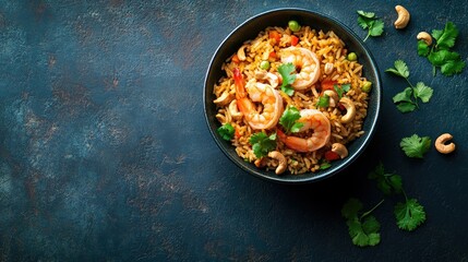 Top view of Thai pineapple fried rice with shrimp, cashews, and herbs, space for text