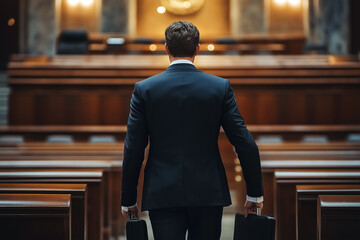 Male lawyer in a power suit confidently walking into a courtroom, briefcase in hand.