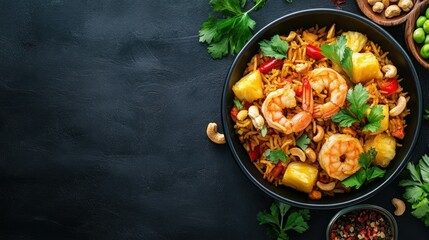 Top view of Thai pineapple fried rice with shrimp, cashews, and herbs, space for text