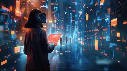 Businesswoman in metaverse, digital transformation concept. Next generation technology era, generative. Touches blue glowing button, surrounded by energy, data. Hand interacts with virtual interface,