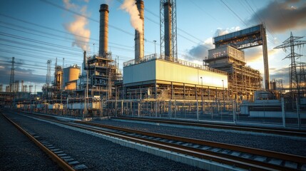 Fototapeta premium A broad view of a large electrical energy production plant, highlighting its massive infrastructure and industrial capacity.