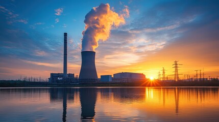 Cooling tower and smokestack of a power plant in a wide shot, ready for data overlays and industrial background banner applications.