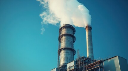 Cooling tower and smokestack of a power plant in a wide shot, ready for data overlays and industrial background banner applications.