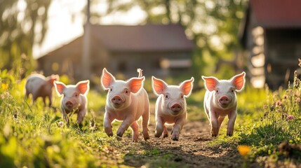A group of playful piglets running around in the farmyard, their little tails wagging as they explore the area under the warm sun.