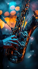 Jazz musician playing in a cozy club, dynamic and musical, Urban, Soft tones, Photograph, Live music