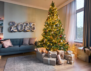 christmas living room.A tall, glittering New Year&rsquo;s tree with sparkling lights and silver ornaments, with balloons shaped like "2025" floating beside it. The tree is surrounded by beautifully wrapped 