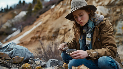 female geologist 35 inquisitive in the field with rock samples and geological equipment