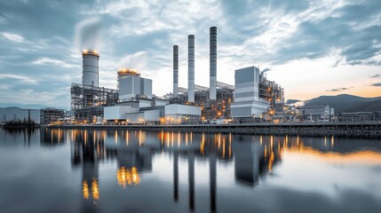 Fototapeta premium Industrial-scale electrical energy plant with large generators, cooling towers, and vast infrastructure, exemplifying modern energy production.
