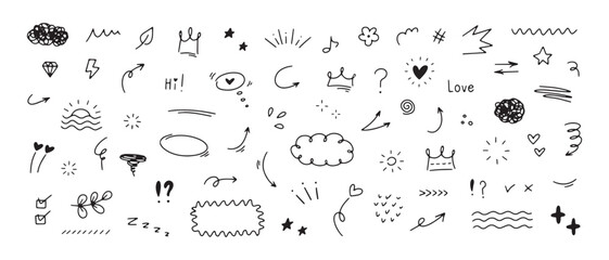Hand drawn simple doodle elements. Sketch line vector speech bubbles, underlines, emphasis, arrows, highlights, sparkle elements.