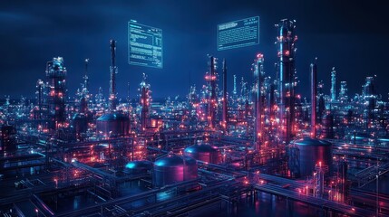 Naklejka premium An oil and gas refinery featuring storage tanks, a hologrammatic HUD showing price trends, and the infrastructure of a petrochemical factory as a broad banner.