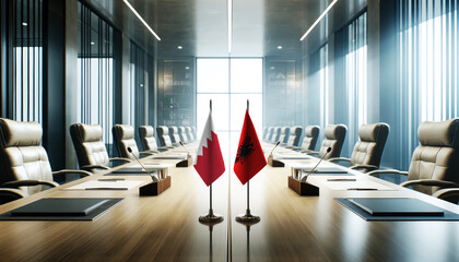 A modern conference room with Bahrain and Albania flags on a long table, symbolizing a bilateral meeting or diplomatic discussions between the two nations.