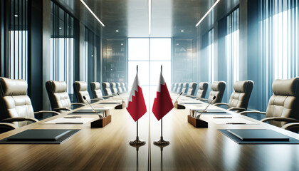 A modern conference room with Bahrain and Bahrain flags on a long table, symbolizing a bilateral meeting or diplomatic discussions between the two nations.