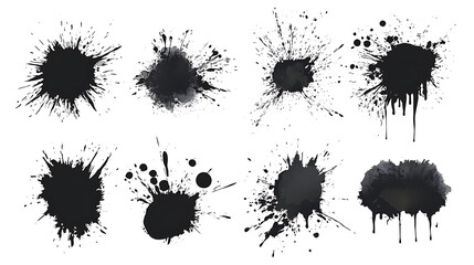 Fototapeta premium Collection of small black ink splats on full white background background