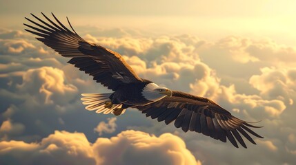 Fototapeta premium Genetically Enhanced Eagle Soaring Through Dramatic Skyscape with Metallic Feathers and Piercing Gaze