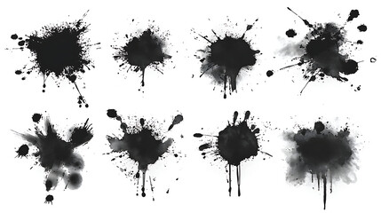 Collection of small black ink splats on full white background background