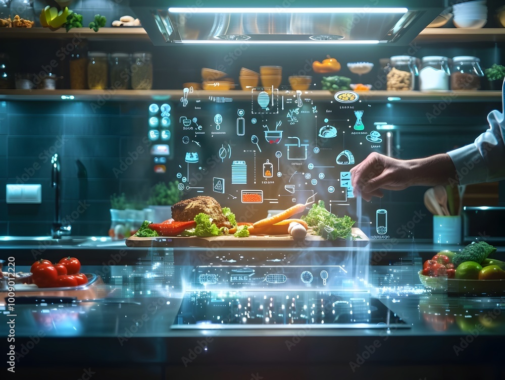 Poster futuristic chef using holographic cookbook and ingredient interface in smart kitchen