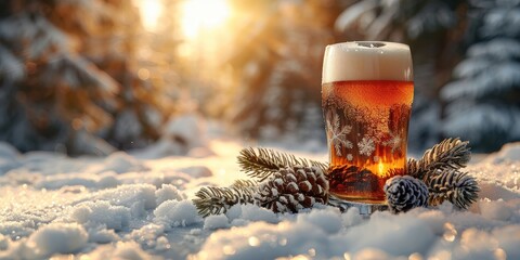 Glass of beer on christmas winter background with copyspace