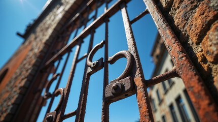 Rusty iron fence captured against a clear blue sky