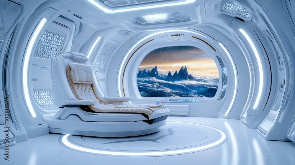Poster futuristic spaceship interior with window view of mountains and clouds