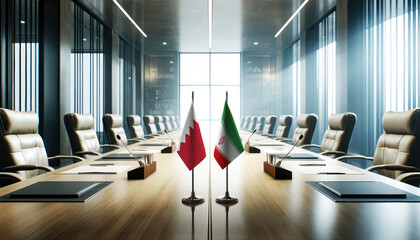 A modern conference room with Bahrain and Iran flags on a long table, symbolizing a bilateral meeting or diplomatic discussions between the two nations.
