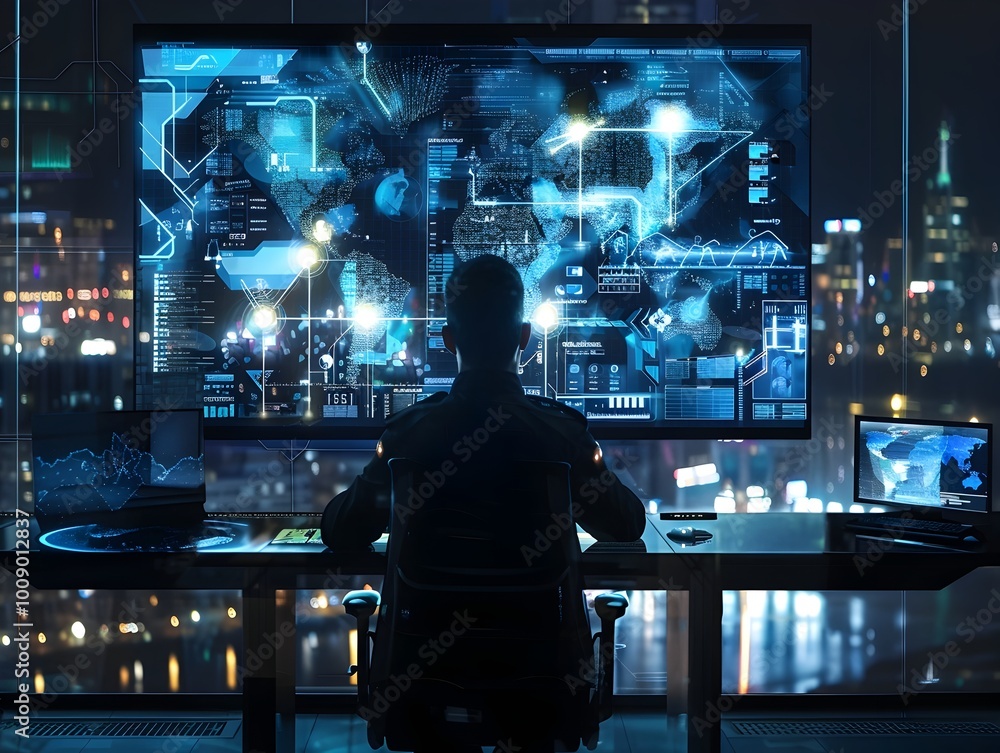 Poster security analyst monitoring threats on futuristic holographic interface with global data streams