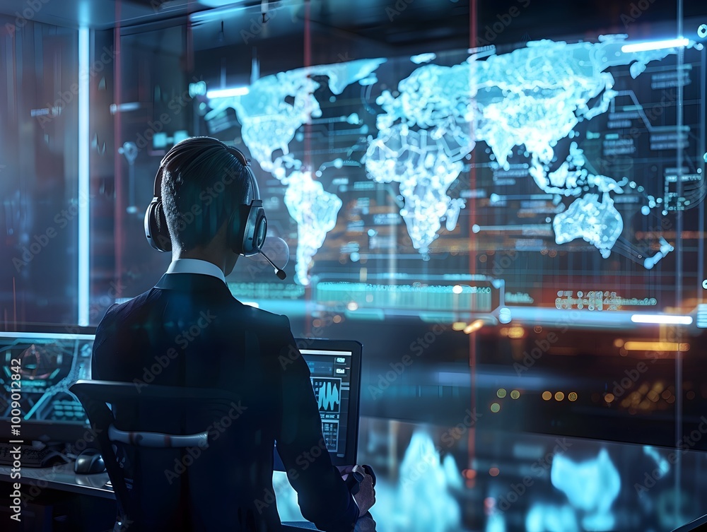 Poster security analyst monitoring global threats via holographic interface in command center