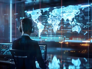 Security Analyst Monitoring Global Threats via Holographic Interface in Command Center