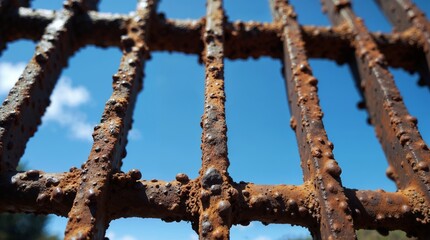Fototapeta premium Close-up of Rusty Metal Grid Against Blue Sky