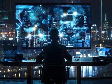 Security Analyst Monitoring Threats on Futuristic Holographic Interface with Global Data Streams