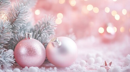 Obraz premium Pastel color Christmas composition with a border design for product presentation. Christmas background. Classic Christmas composition with fir branches, baubles, gifts box.