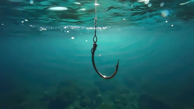 Underwater scene with a fishing hook in clear blue water, surrounded by shimmering bubbles. tranquil atmosphere highlights its metallic sheen, ideal for fishing and conservation content.