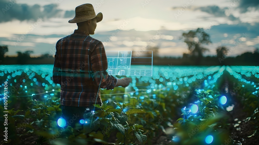Poster farmer monitoring crops with holographic interface displaying real time data