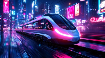 Fototapeta premium Futuristic High Speed Train in Neon Cityscape