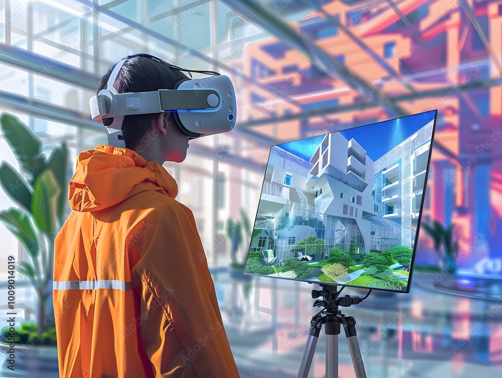 Poster virtual reality architecture class where students design buildings in 3d space and walk through thei