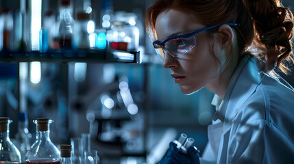 female chemist 40s analytical in a lab with chemical compounds and scientific equipment