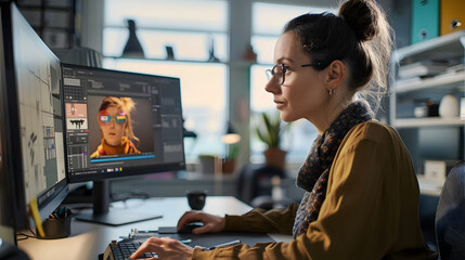 female graphic designer 30s creative in a modern office with a computer and design software