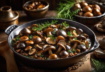 Fototapeta premium mushrooms glistening rich flavored sauce fresh herbs aromatic exuding delicious umami aroma, spice, vegetable, garlic, olive, oil, butter, onion, parsley