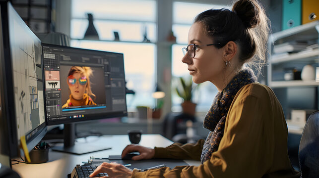 female graphic designer 30s creative in a modern office with a computer and design software