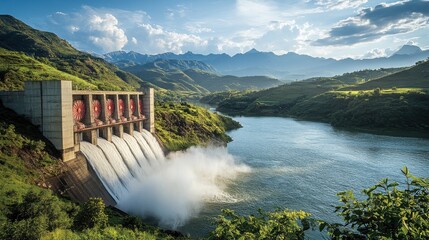 Fototapeta premium An illustration of sustainable energy sources is provided by this side view of a hydroelectric power plant, with the dam releasing water and hills and lush vegetation in the background.