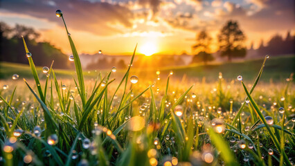 Morning dew glistens on vibrant green grass as sun rises, casting warm golden light over serene landscape. atmosphere is tranquil and refreshing, inviting sense of peace