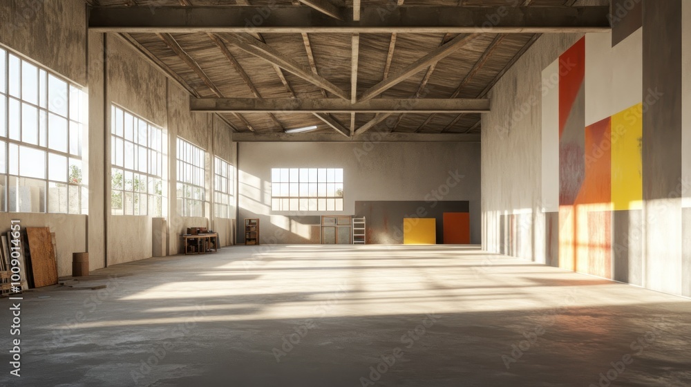 Poster A large, empty industrial space with concrete walls and a wooden ceiling, illuminated by sunlight streaming through windows.