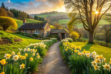 charming countryside scene featuring rustic cottage surrounded by vibrant daffodils along winding garden path. warm sunlight casts golden glow over landscape, creating serene and inviting atmosphere