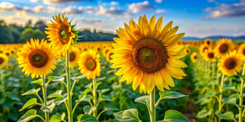 Fototapeta premium Sunflowers sway gently in breeze, showcasing their tall, statuesque forms against vibrant sky. golden petals and rich green leaves create stunning landscape
