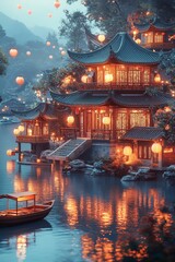 Fototapeta premium 3D isometric icon ,(A Chinese building stands by the lake,A wooden boat on the lake, night,dark night,sky lanterns in the sky),Front view, head-up view,Diorama,minimalist style, simple and clean light