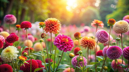 vibrant garden filled with colorful dahlia flowers, showcasing stunning array of blooms in various shades. warm sunlight enhances beauty of this whimsical floral scene, creating joyful atmosphere