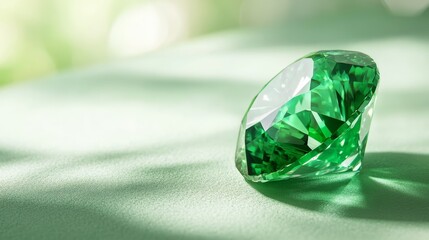 Fototapeta premium Vivid Green Emerald with Flawless Cut on Smooth Surface