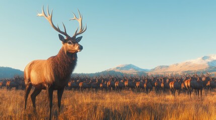 A herd of red deer spread across a large grassy plain, with the leader standing tall at the front, its antlers framed against a clear blue sky.