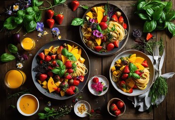 vibrant colorful food flat lay depicting array delicious side dishes carefully styled, appetizer, arrangement, aesthetic, artful, composition, cuisine