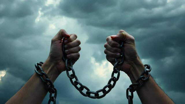 A dramatic image of two hands breaking free from chains against a stormy sky, symbolizing themes of freedom, resilience, and overcoming adversity. Perfect for motivational and social justice content.